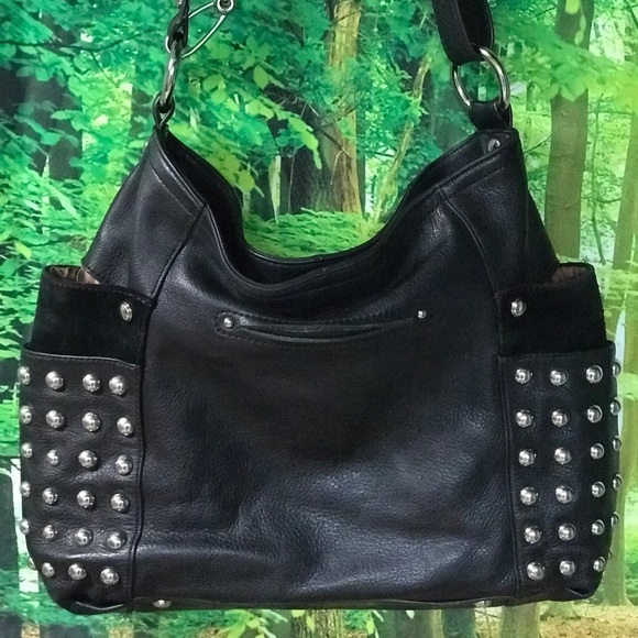 B Makowsky Black Leather & Silver Stud Crossbody. - Picture 2 of 16